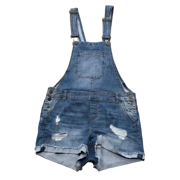 Vanilla Star Distressed Light Wash Blue Denim Jean Short Overalls Y2K Button Up - Picture 1 of 8